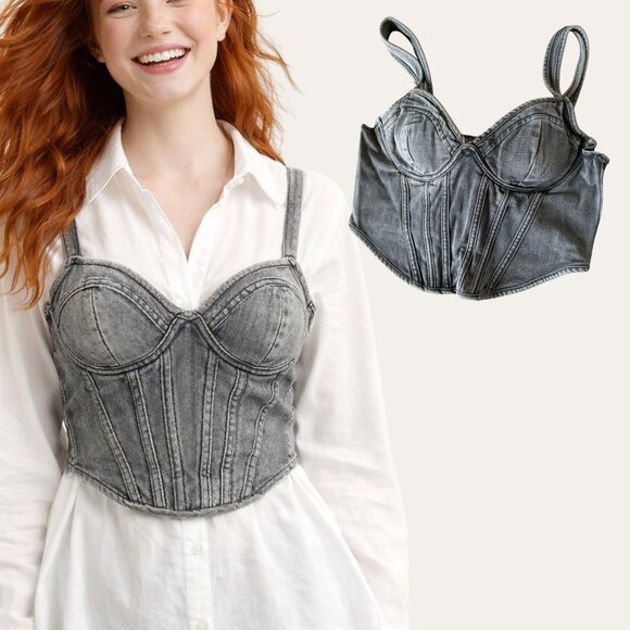 PrettyLittleThing Tops - PrettyLittleThing Washed Grey Denim Corset Top Size 10 Dip Hem Bust Cup Bustier